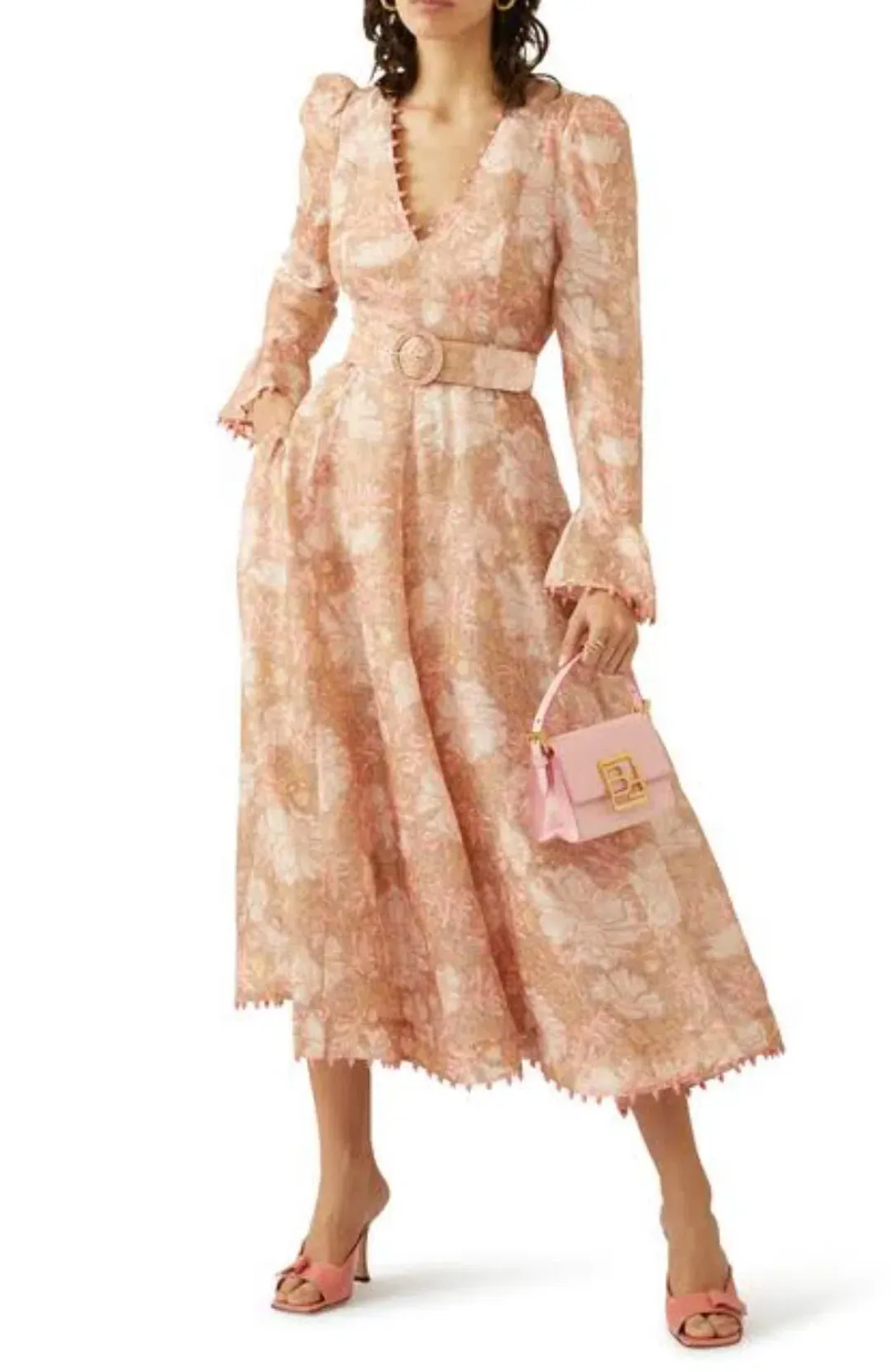 Zimmermann Kaleidoscope Belted Embellished Linen And Silk Blend Midi Dress Floral Size 2 / AU 12 for rent on The Volte - main image