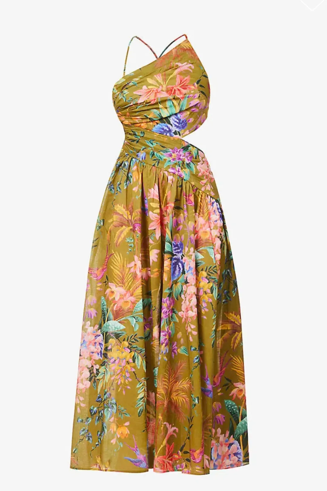 Zimmermann Tropicana Asymmetric Midi Dress Khaki Floral Size 2 / AU 12 for rent on The Volte - main image