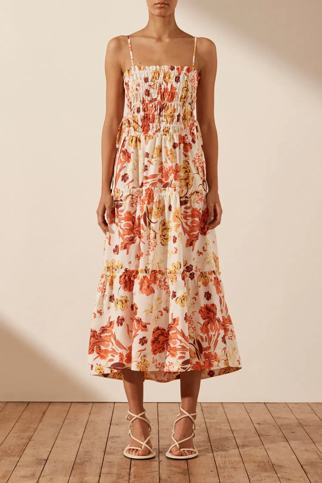Shona Joy Kalani Shirred Tiered Midi Dress Floral Size 8 for rent on The Volte - main image