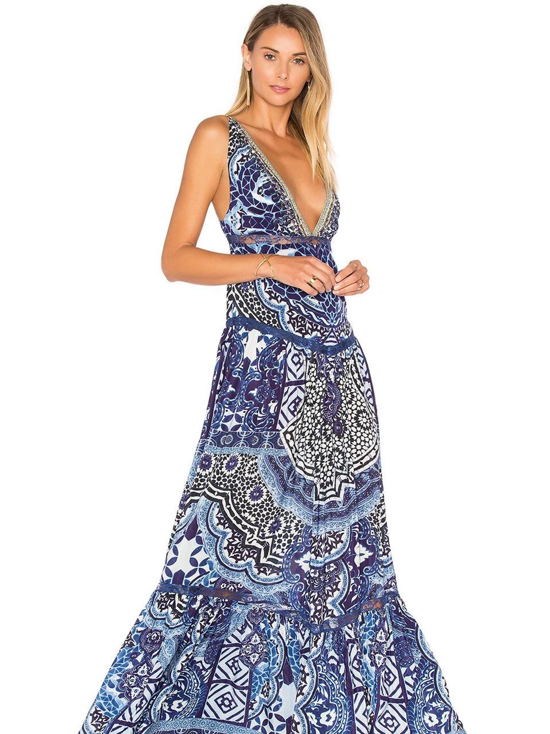 Camilla Under The Medina Moon V-neck Gathered Tiered Maxi Dress Blue Size 12 for rent on The Volte - main image
