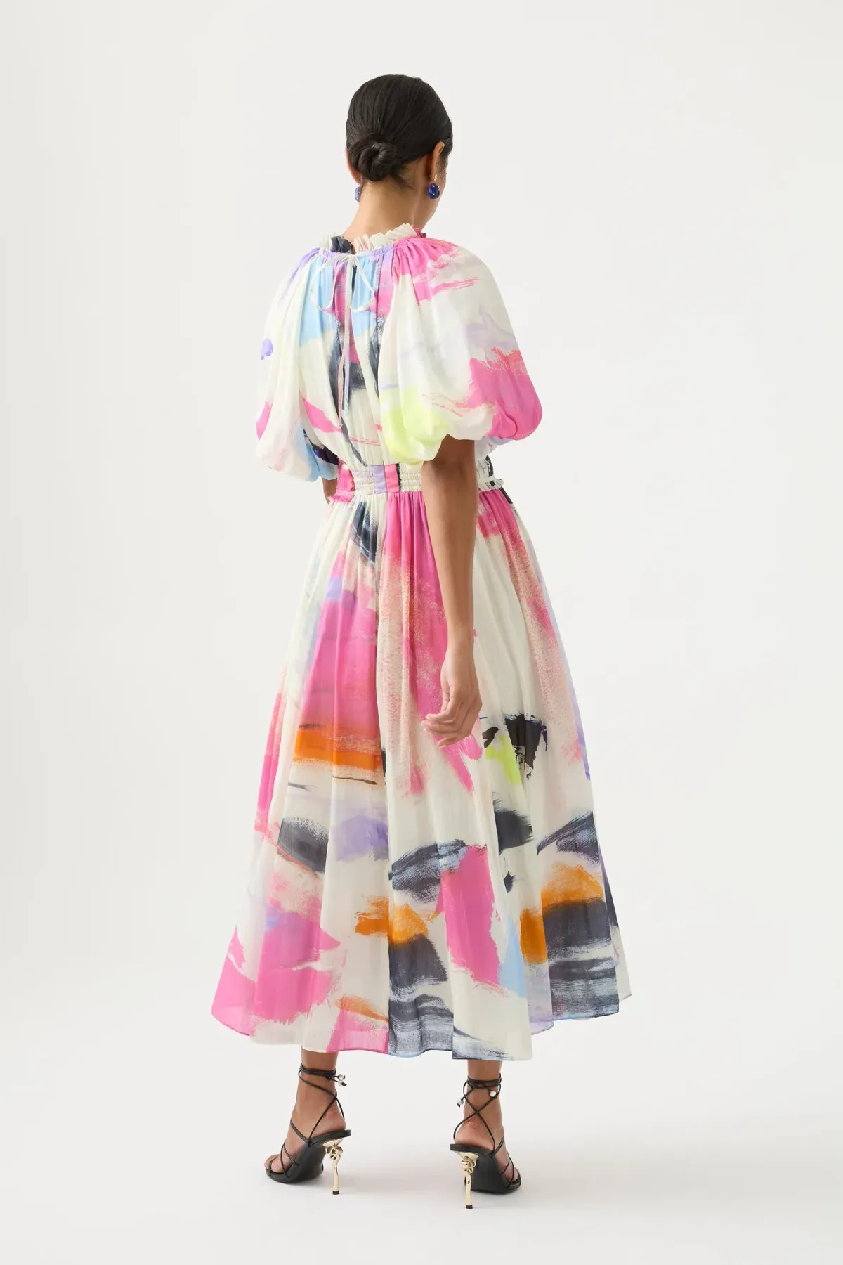 Aje Elysium Blouson Midi Dress Abstract Sunset Print Size 8 - Image 3