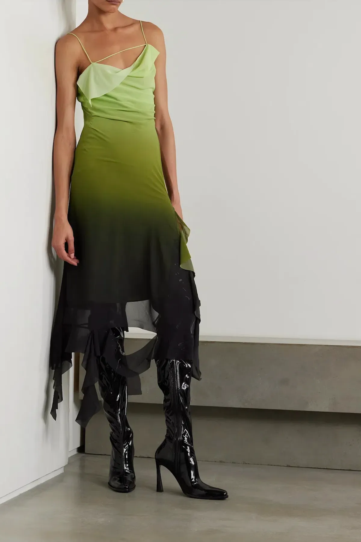 Acne Studios Asymmetric Ruffled Ombré Chiffon Midi Dress Green AU Size 6 for rent on The Volte - main image
