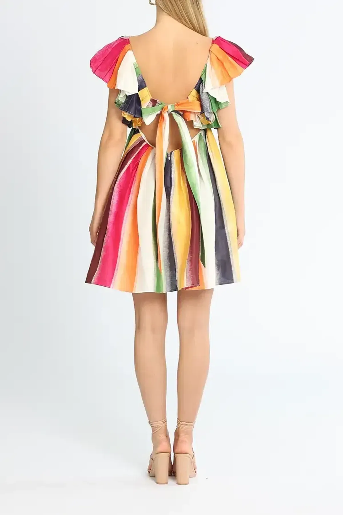 Leo Lin Fortune Stripe Tie Back Dress Multi Print Size AU 14 - Image 3