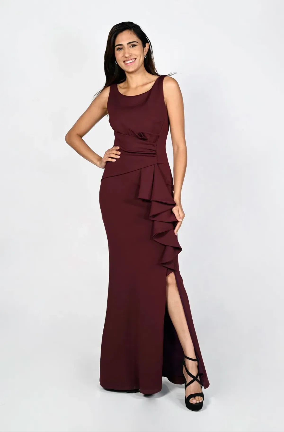 Frank Lyman Montreal Draped Waist Long Dress Bordeaux Size AU 12 - Image 1