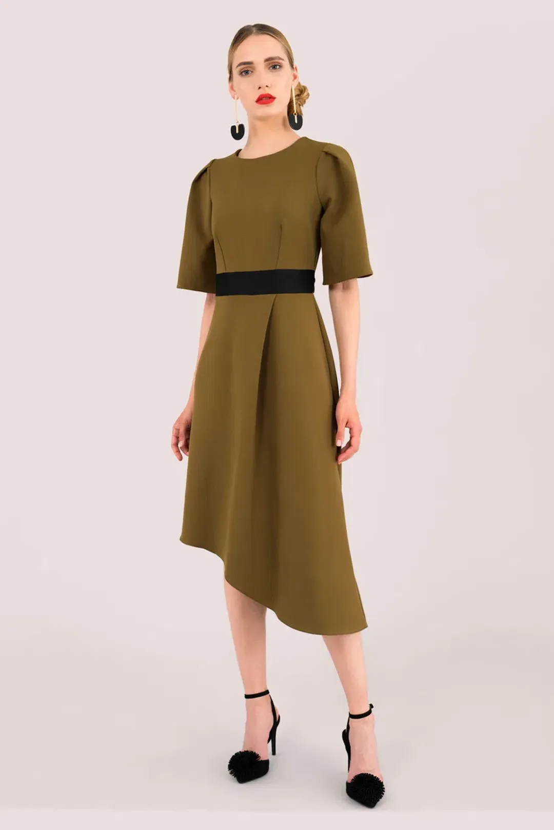 Closet London A-Line Pleated Asymmetrical Midi Dress Khaki Size 12 for rent on The Volte - main image