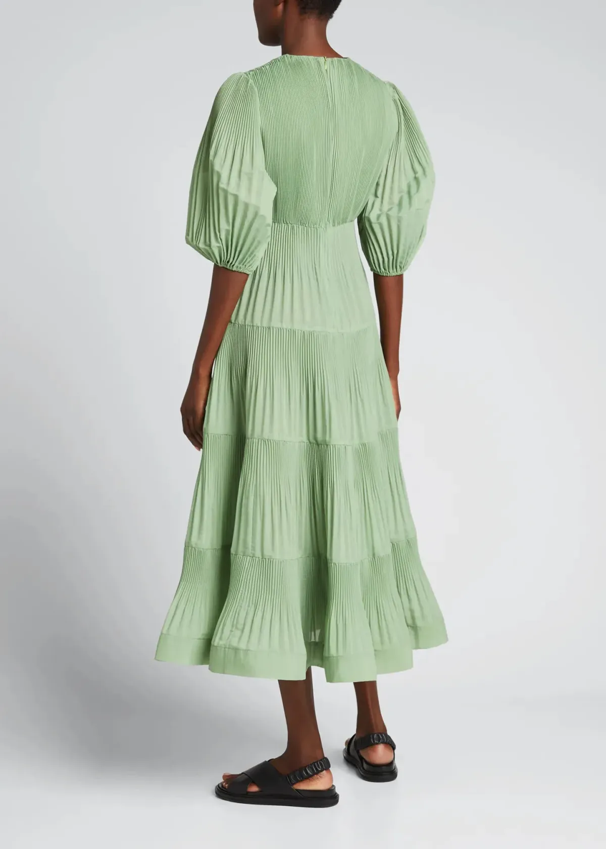 Zimmermann Pleated Balloon Sleeve Tiered Dress In Fern Size 2/Au 12 - Image 2