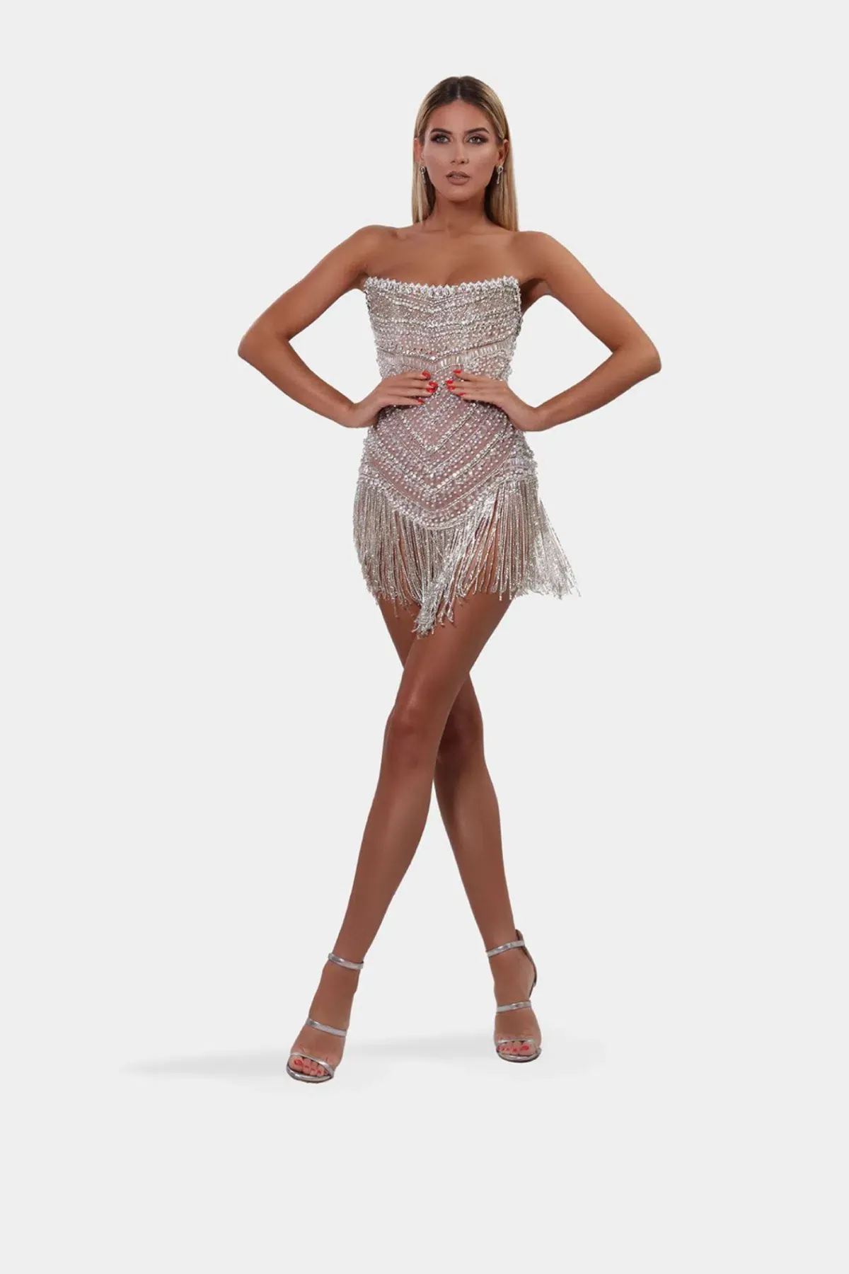 Albina Dyla Mini Silver/nude Corset Tassel Dress Silver/Nude Size 10 for rent on The Volte - main image