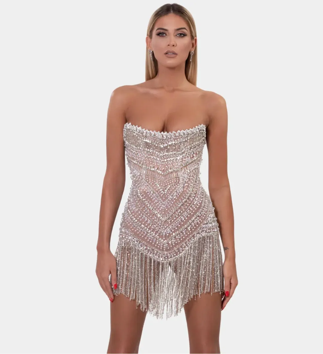Albina Dyla Mini Silver/nude Corset Tassel Dress Silver/Nude Size 10 for rent on The Volte - main image