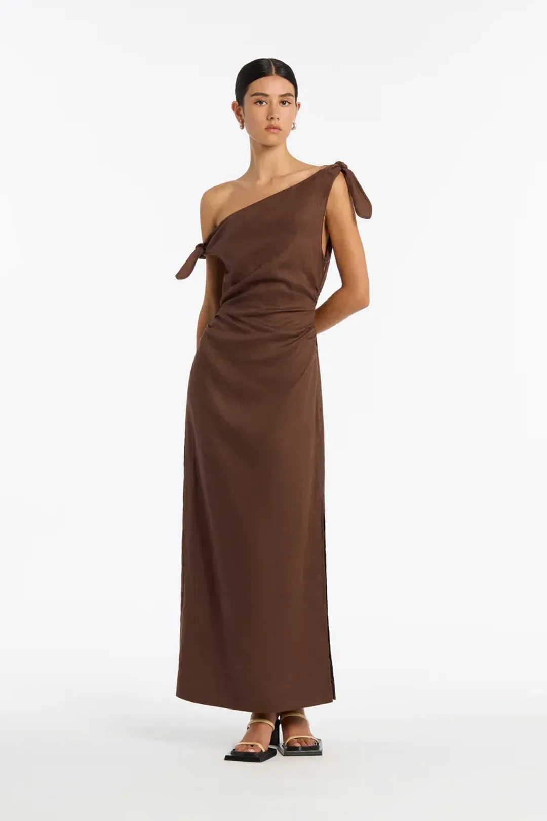 Sir the Label Bettina off Shoulder Dress in Chocolate Size AU 8 for rent on The Volte - main image
