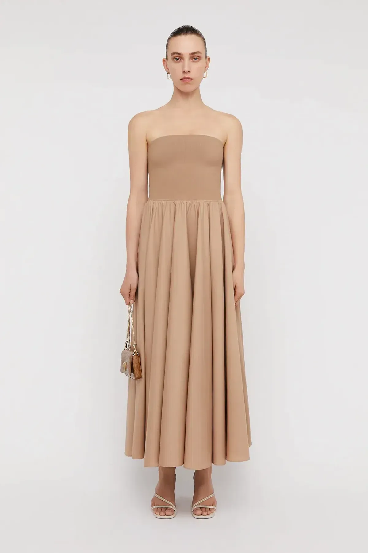 Scanlan Theodore Crepe Knit Cotton Strapless Dress Camel Size 6 for rent on The Volte - main image