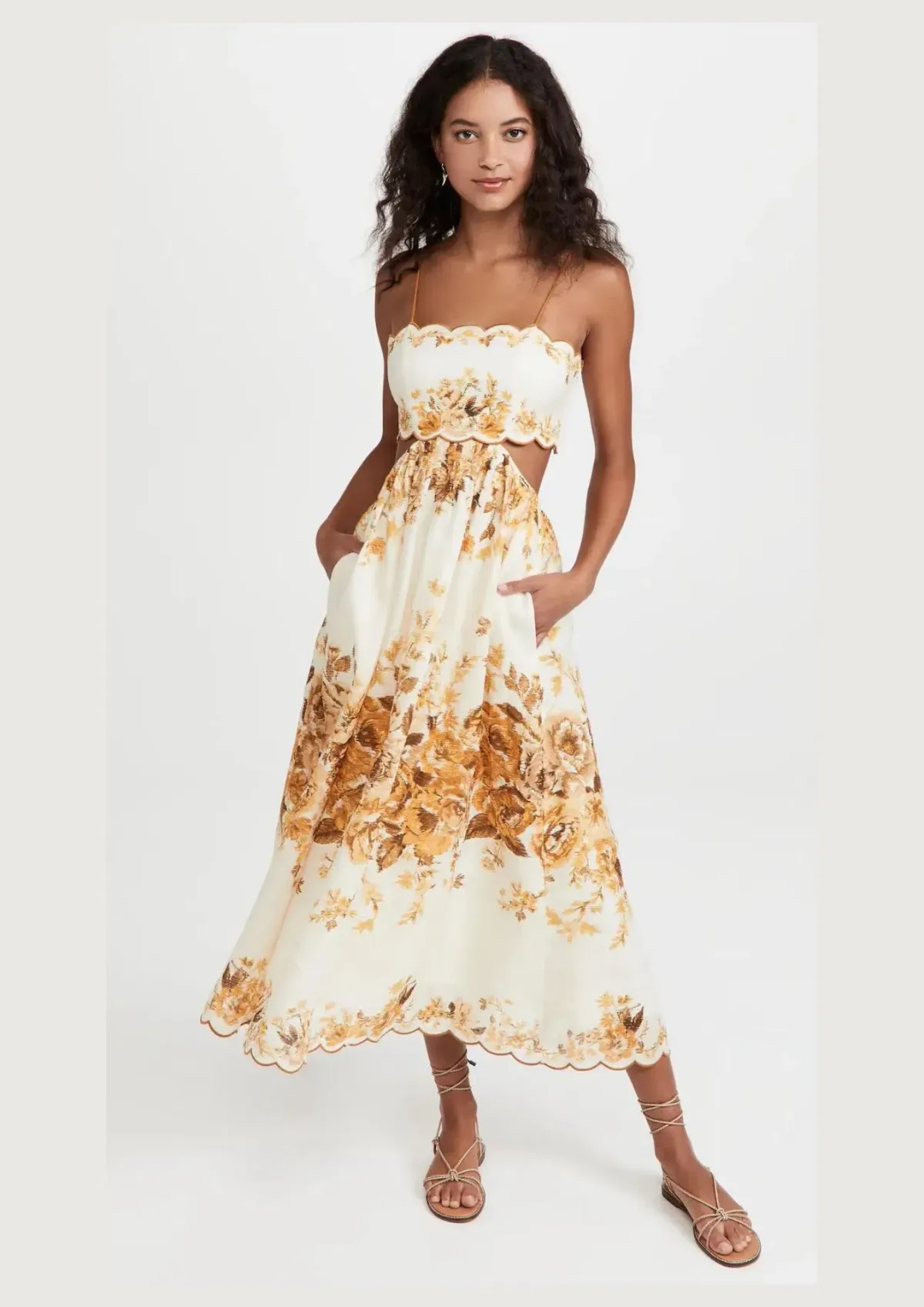 Zimmermann Aliane Scallop Midi Dress in Amber Floral Size 0P / AU 4 - 6 for rent on The Volte - main image
