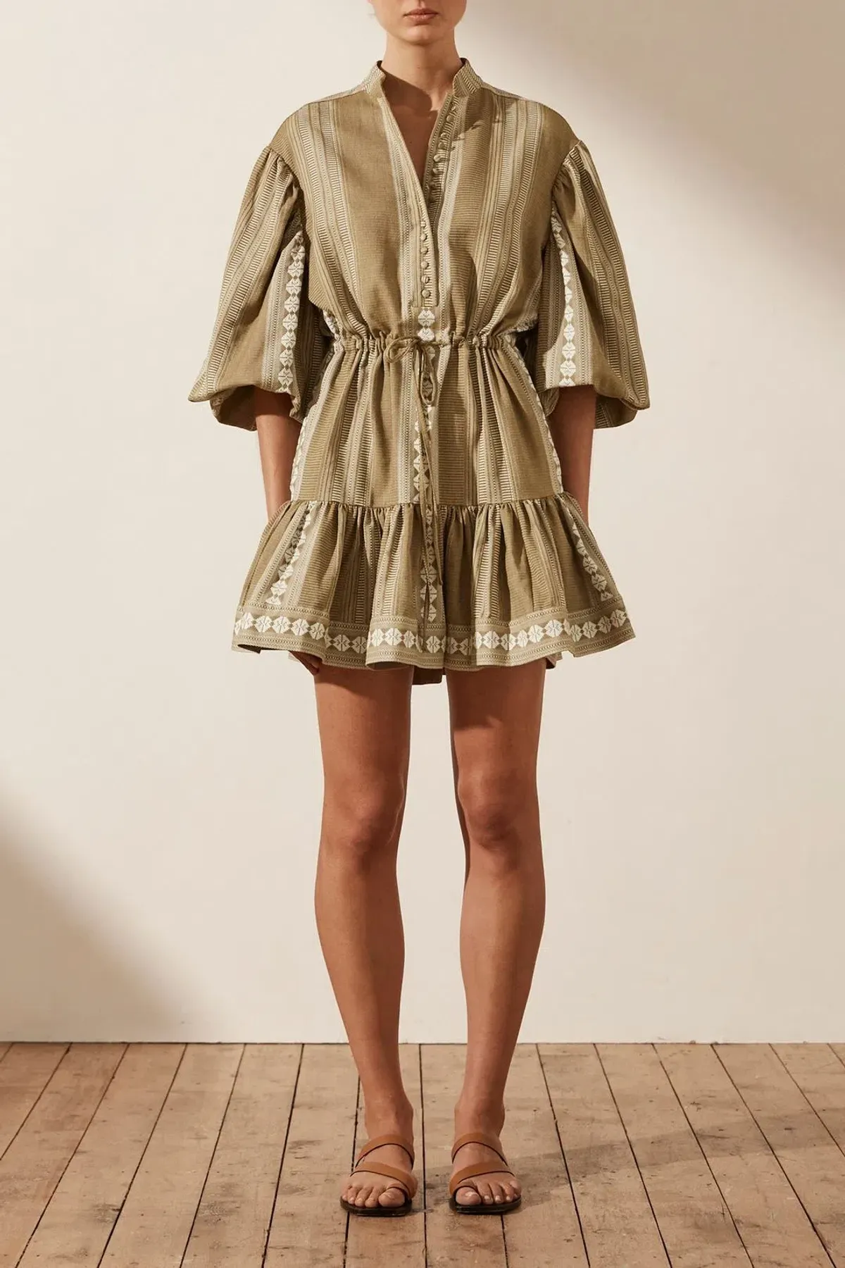 Shona Joy Lizete Balloon Sleeve Drawstring Mini Dress Multi Size 10 for rent on The Volte - main image