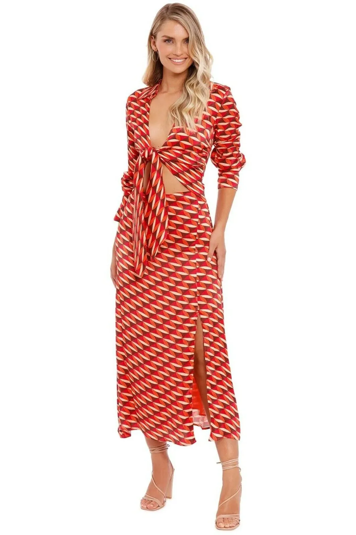 Nicholas Perle Tie Front Midi Dress Geo Print Multi Print Size 14 - Image 1