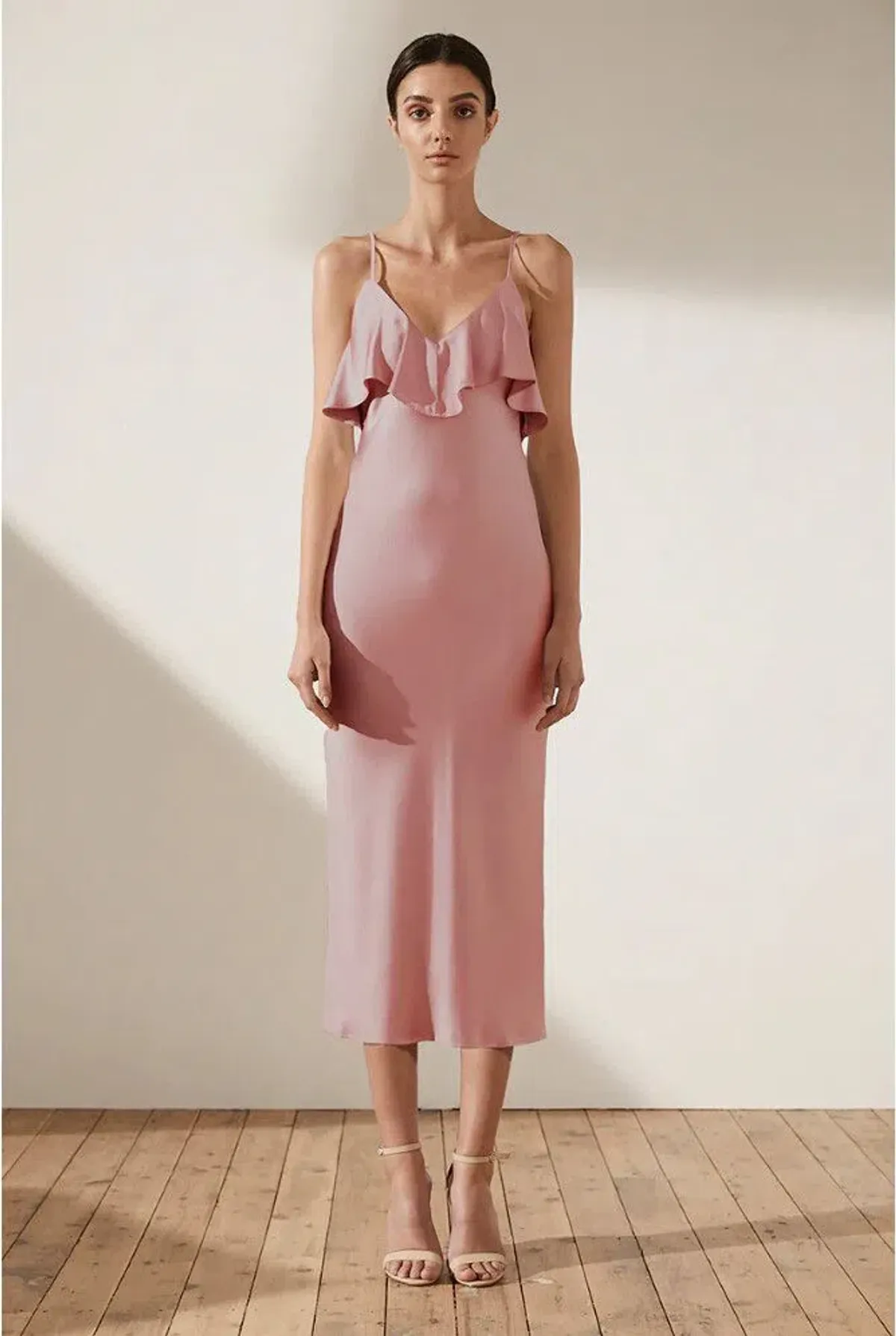 Shona Joy Bias Ruffle Frill Midi Dress Pink Size 6 for rent on The Volte - main image