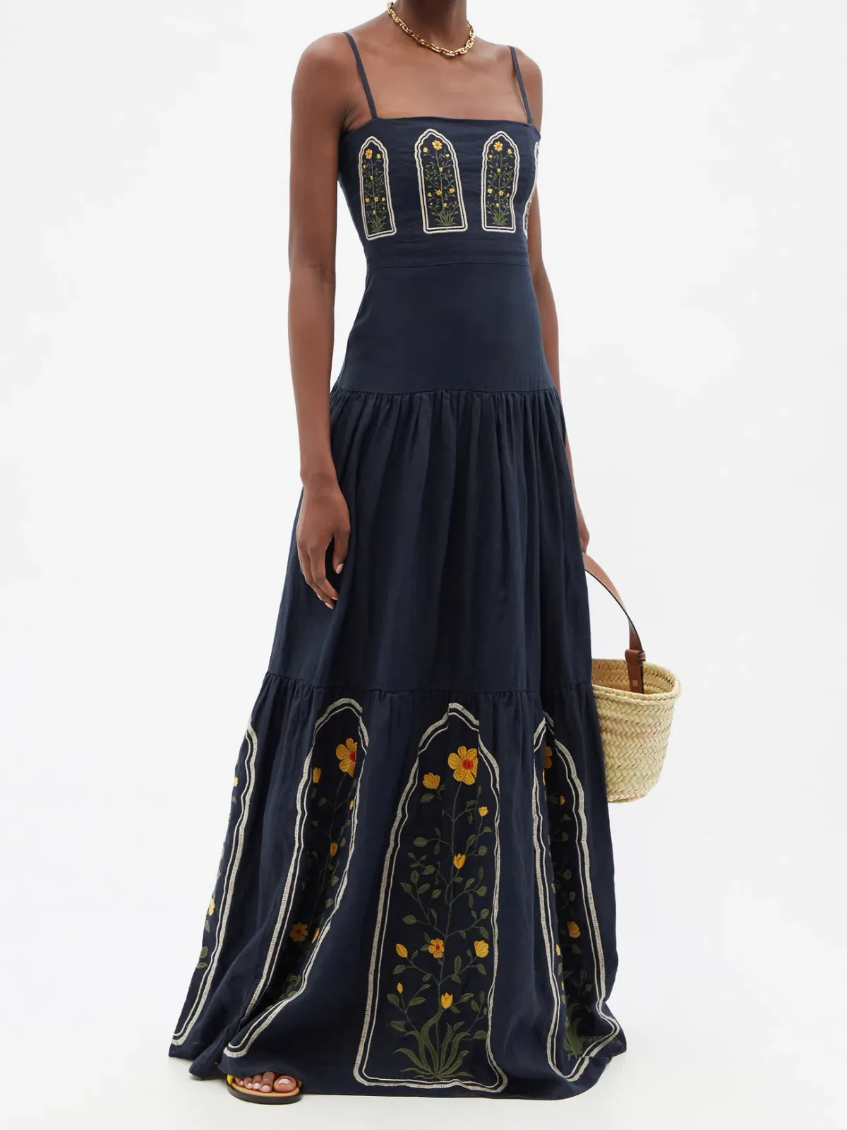 Agua By Agua Bendita Lima Margarita Embroidered Linen Maxi Dress Blue Size 8 for rent on The Volte - main image