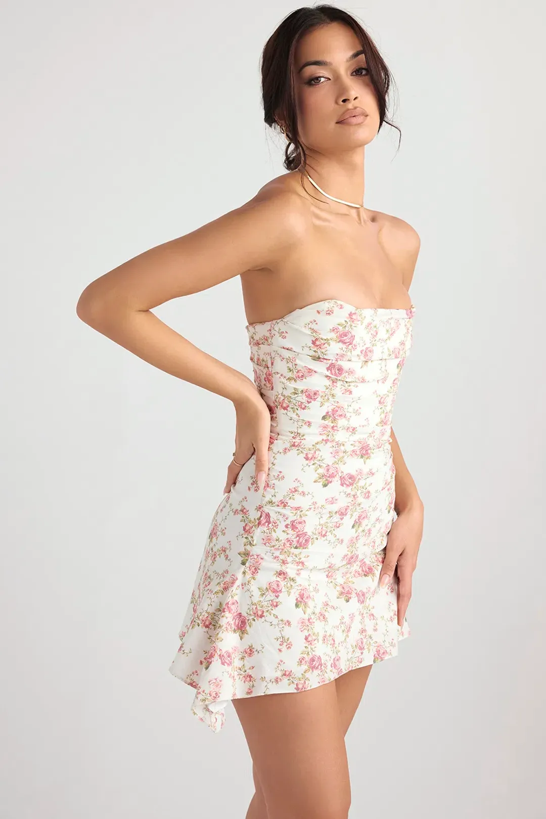 House Of Cb Jasmine Draped Corset Mini Dress Rose Print Size 6 for rent on The Volte - main image