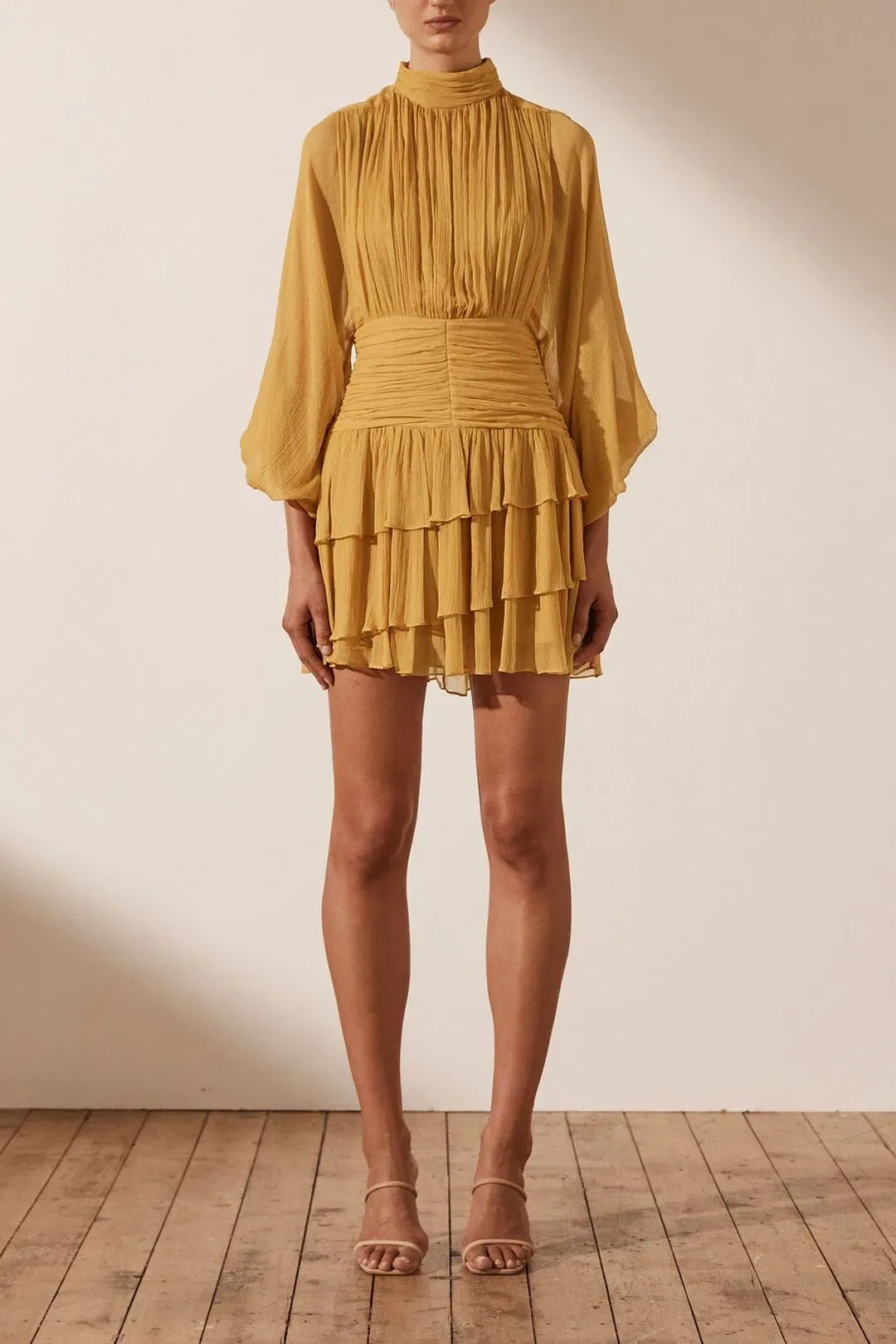 Shona Joy Iris Long Sleeve Ruched Mini Dress Saffron Yellow Size 12 for rent on The Volte - main image