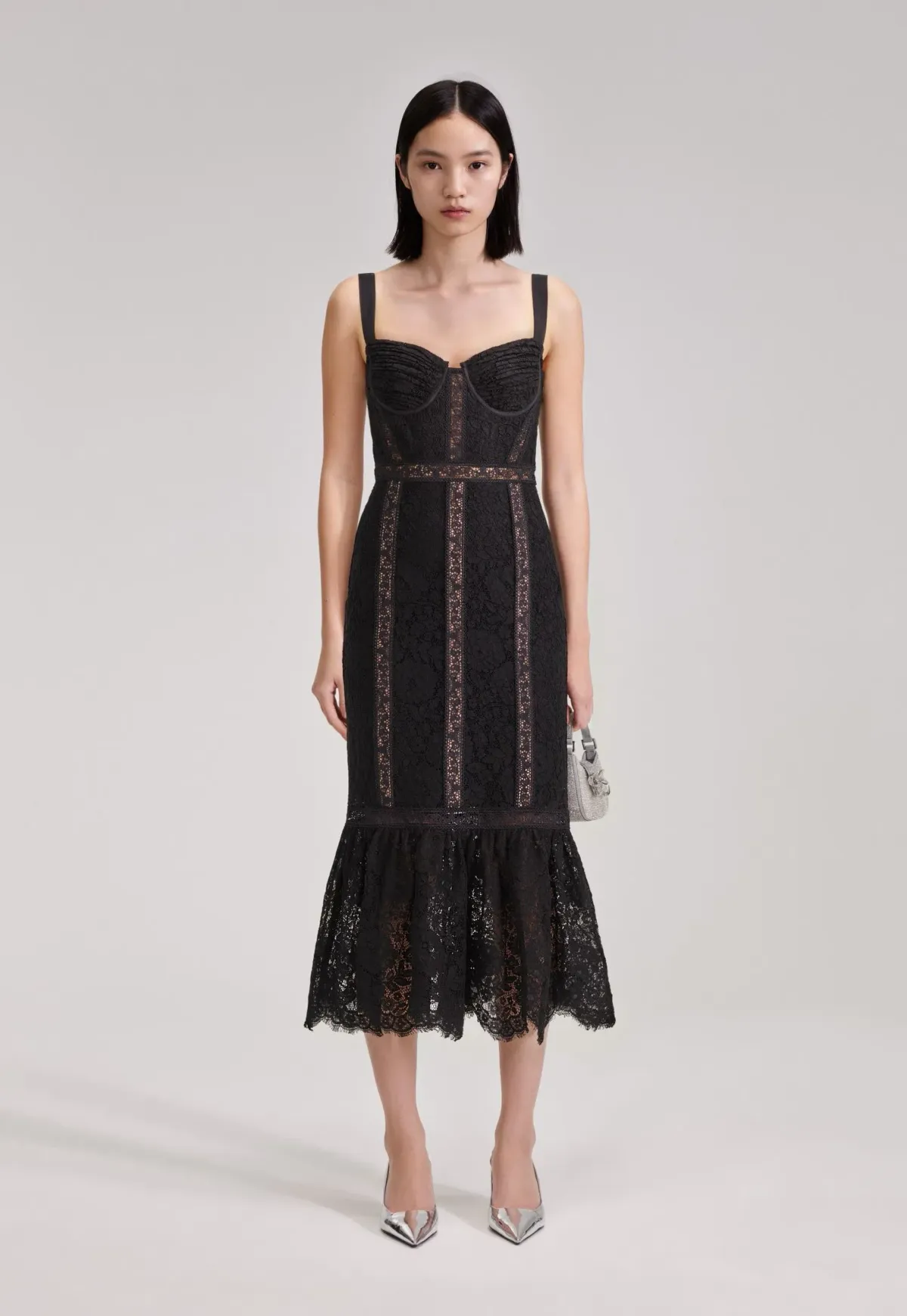 Self Portrait Black Cord Lace Insert Midi Dress Size 10 - Image 1
