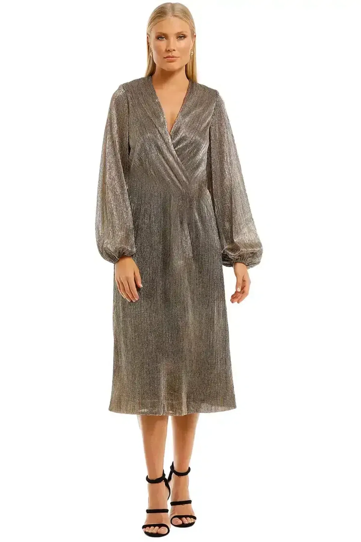 Rebecca Vallance Rivero LS Midi Dress Gold Size 6 for rent on The Volte - main image