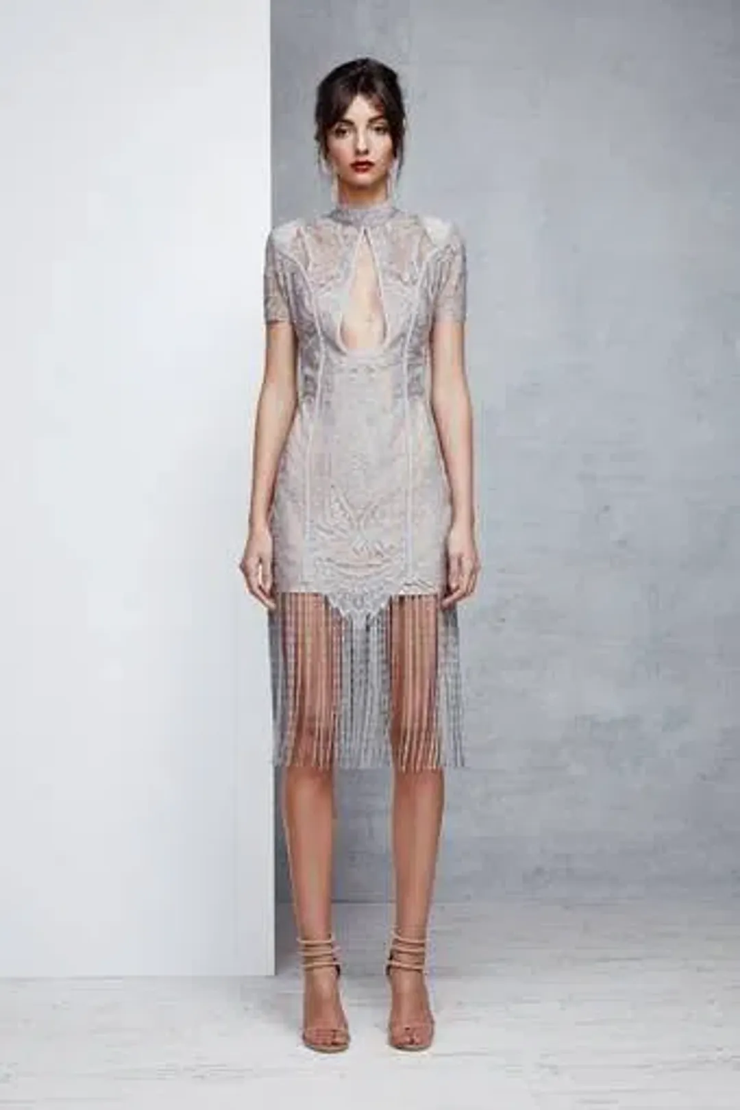 Lexi Lace Fringe Mini Dress Grey Size XS / AU 6 for rent on The Volte - main image