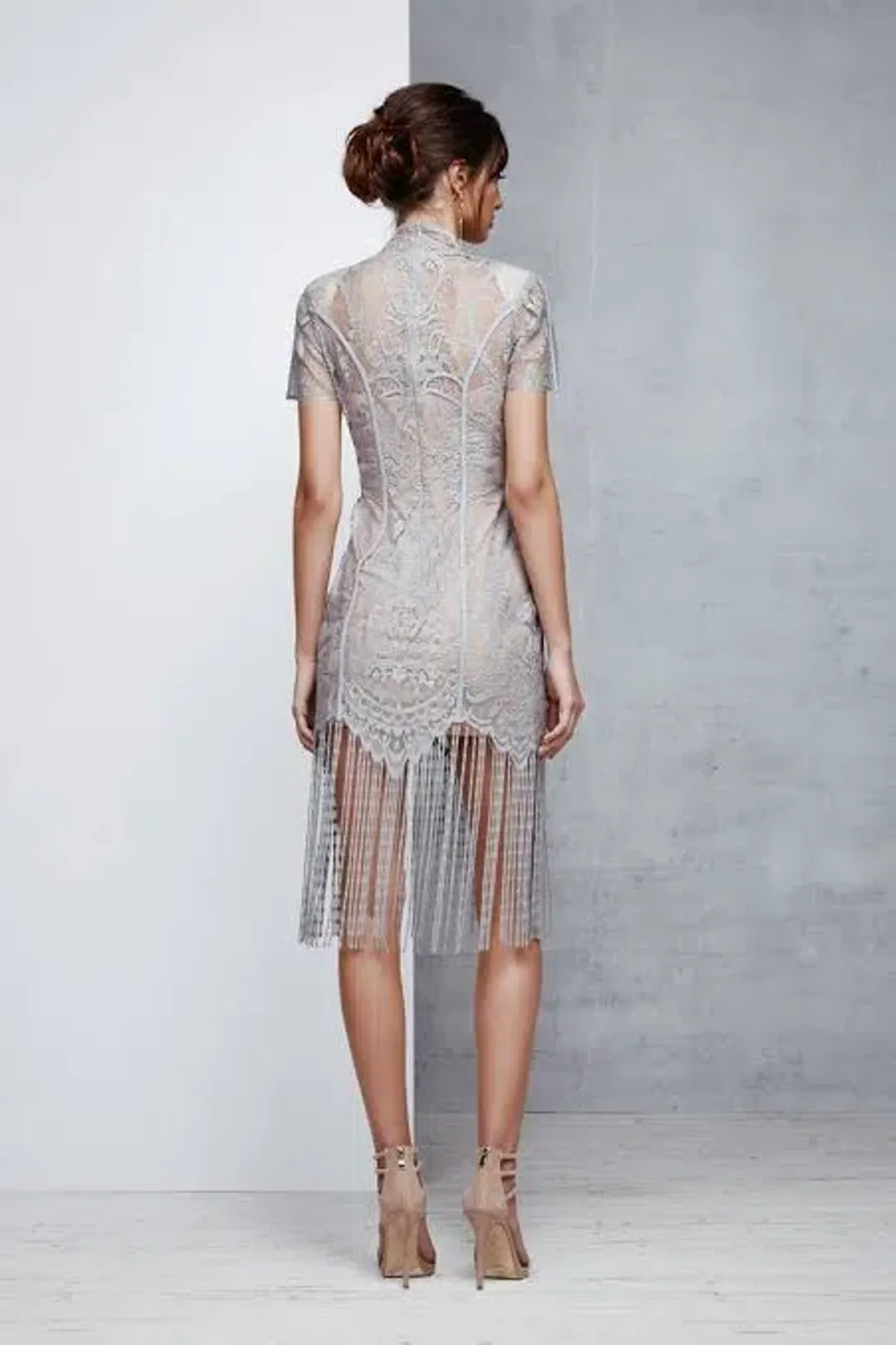 Lexi Lace Fringe Mini Dress Grey Size XS / AU 6 for rent on The Volte - main image