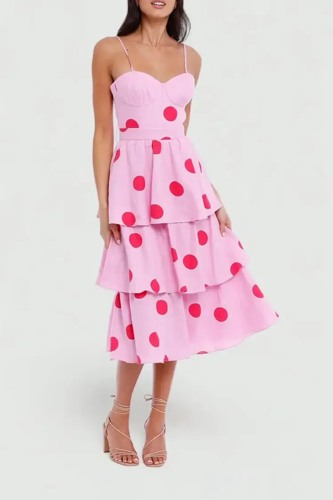 Rebecca Vallance Dalia Midi Dress Pink Polka Dot Print size 14 for rent on The Volte - main image