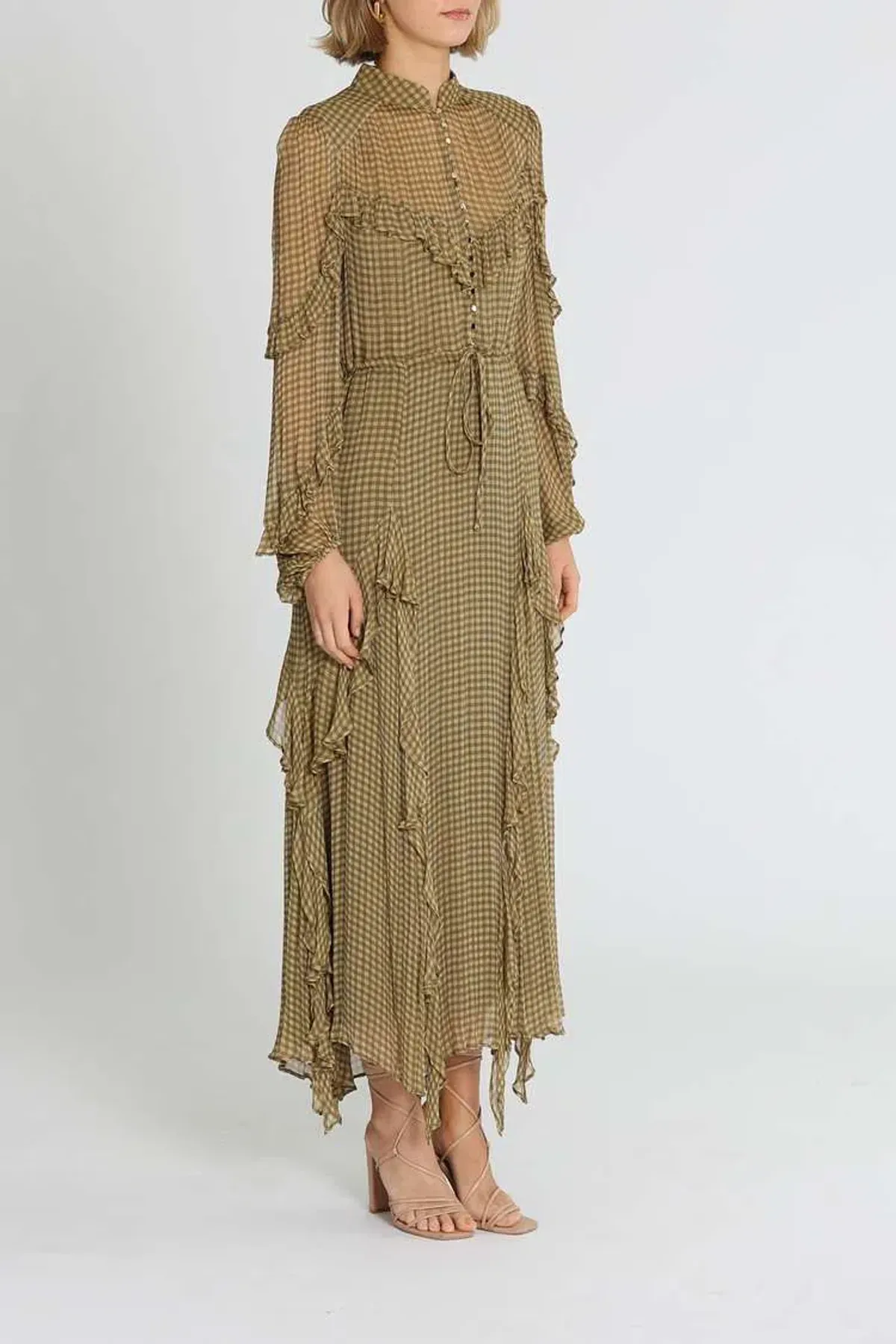 Shona Joy Eleonora Drawstring Frill Midi Dress Olive Khaki Print Size 10 - Image 2