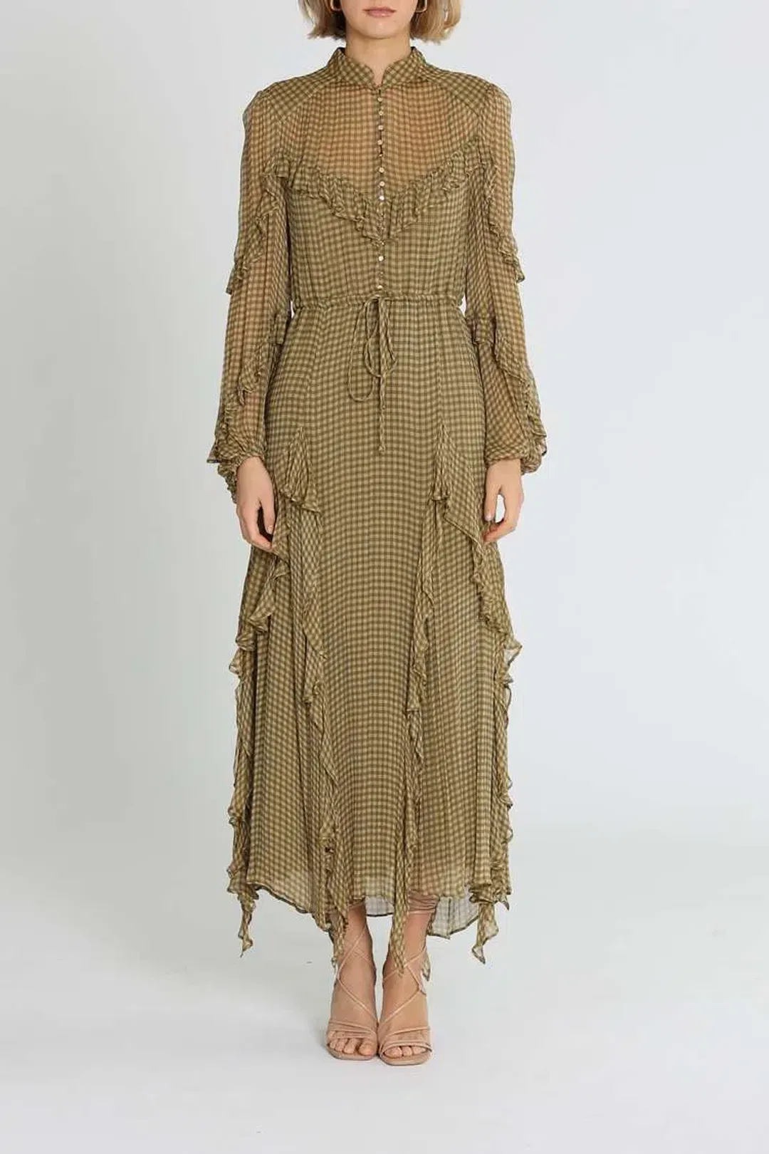 Shona Joy Eleonora Drawstring Frill Midi Dress Olive Khaki Print Size 14 for rent on The Volte - main image