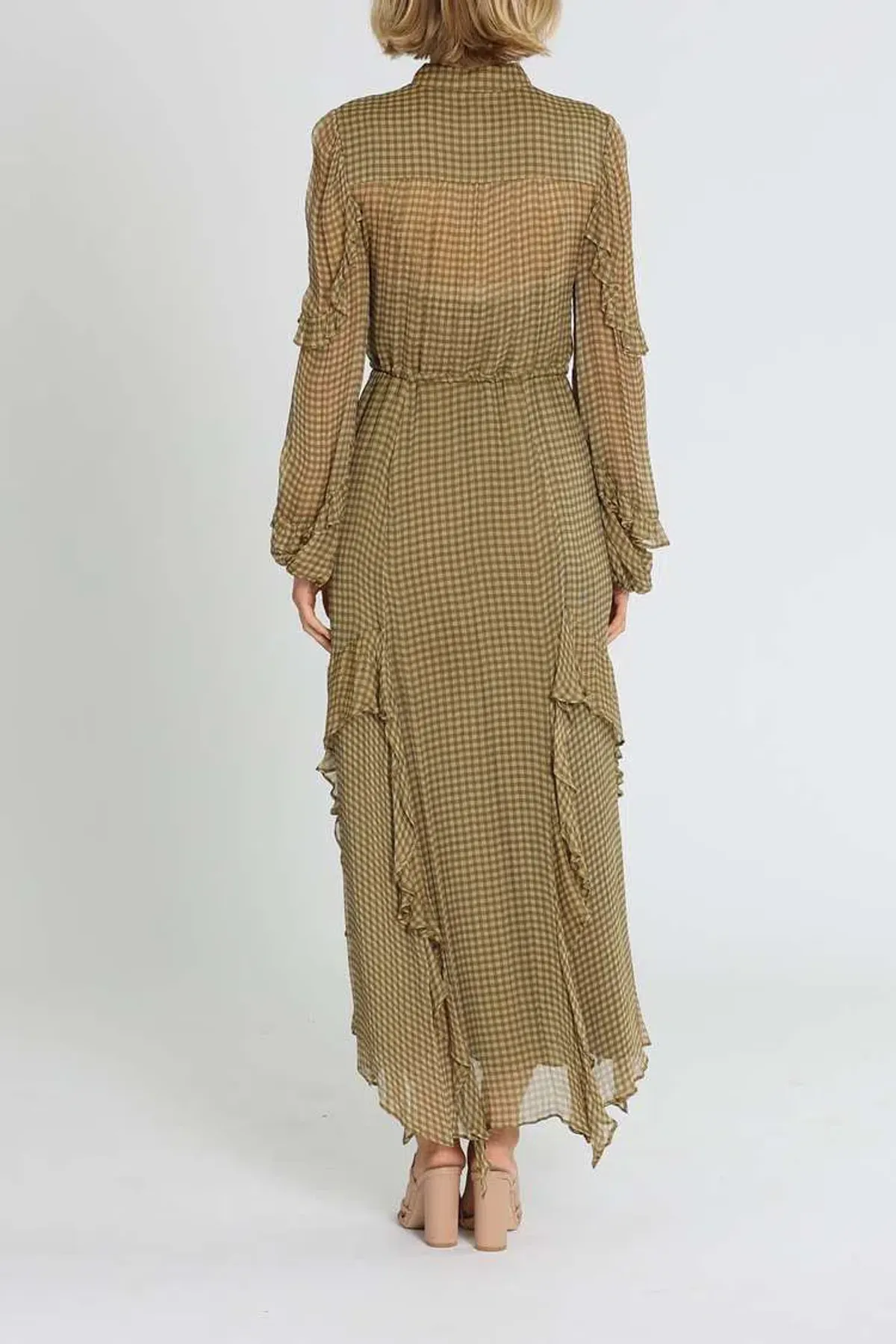 Shona Joy Eleonora Drawstring Frill Midi Dress Olive Khaki Print Size 14 - Image 3