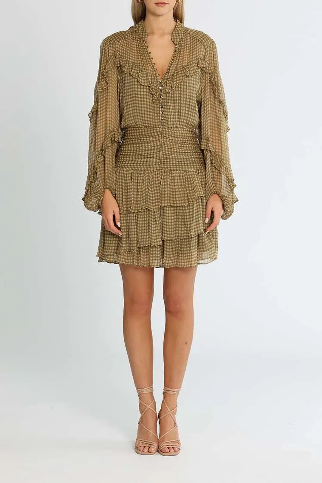 Shona Joy Eleonora Ruched Frill Mini Dress Olive Khaki Print Size 8 for rent on The Volte - main image