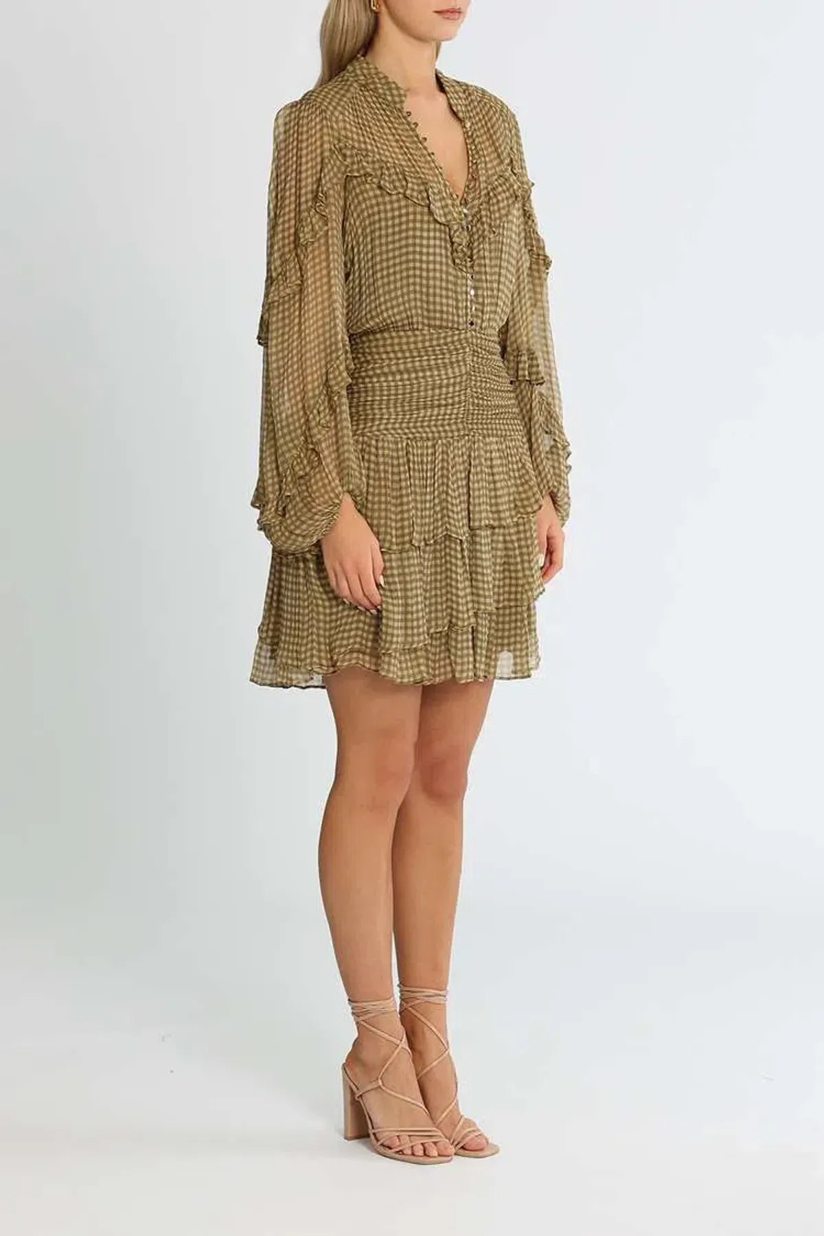 Shona Joy Eleonora Ruched Frill Mini Dress Olive Khaki Print Size 8 - Image 2