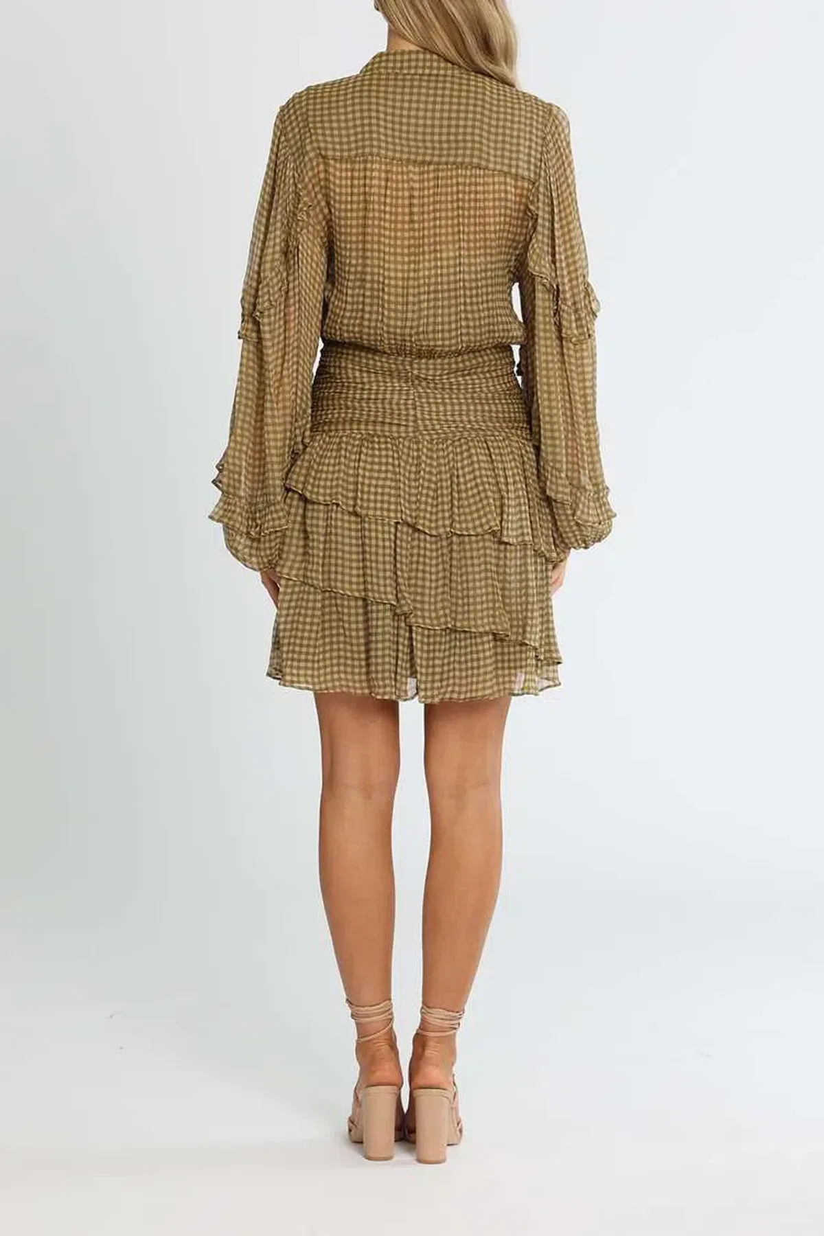 Shona Joy Eleonora Ruched Frill Mini Dress Olive Khaki Print Size 8 - Image 3