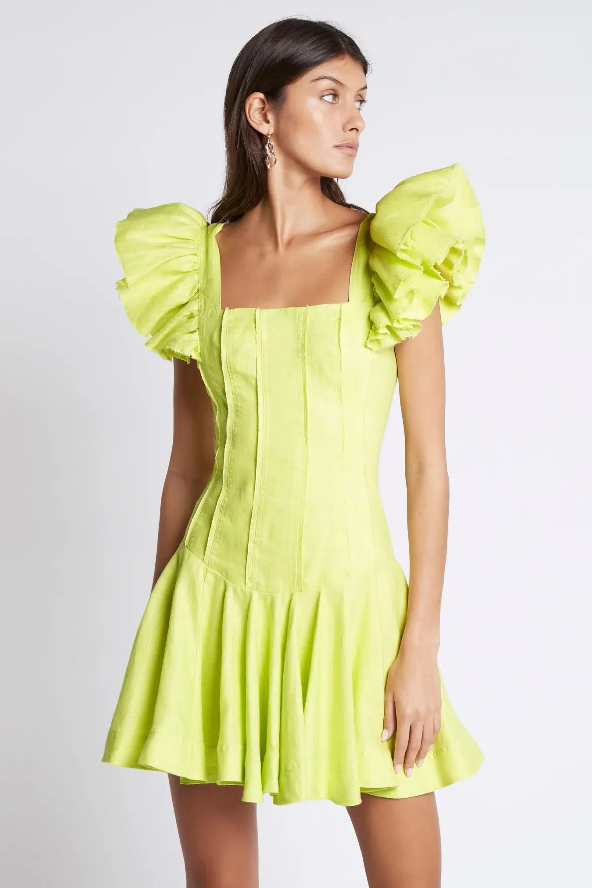 Aje Breathless Frill Sleeve Mini Dress Lime Size 8 - Image 4
