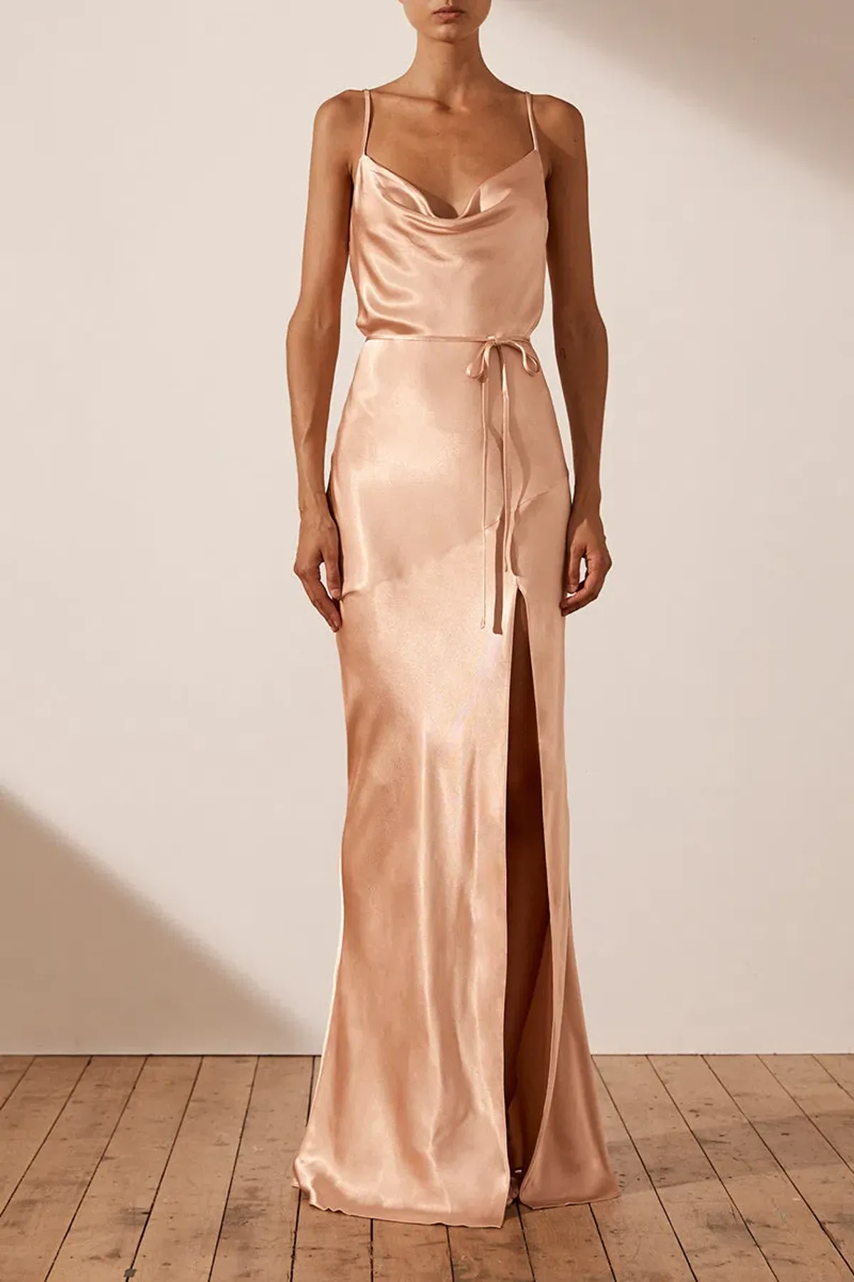 Shona Joy La Lune Bias Cowl Maxi Dress with Split and Tie in Desert Rose Size 16 for rent on The Volte - main image