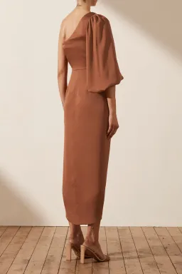 Shona Joy Luxe Tie Front One Shoulder Midi Dress in Mocha Size XS / AU 6 for rent on The Volte - image 3