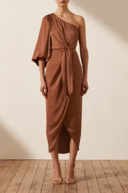 Shona Joy Luxe Tie Front One Shoulder Midi Dress in Mocha Size XS / AU 6 for rent on The Volte - image 2
