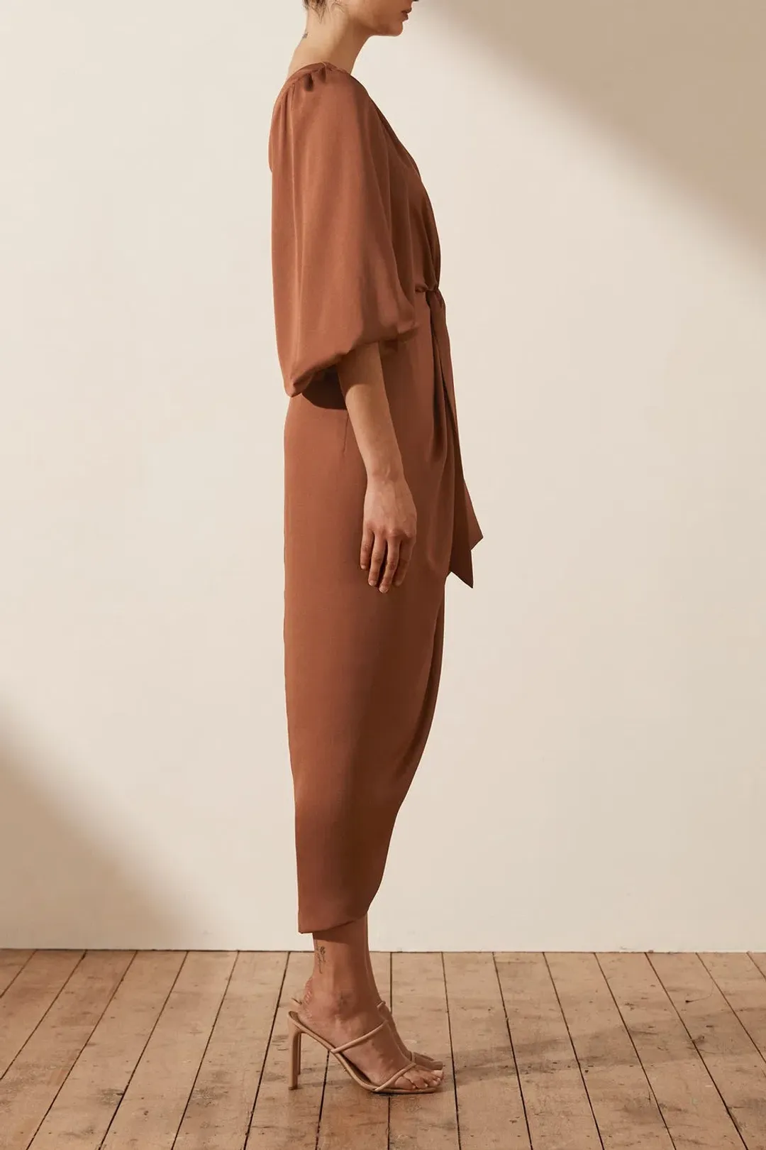 Shona Joy Luxe Tie Front One Shoulder Midi Dress in Mocha Size XS / AU 6 for rent on The Volte - main image