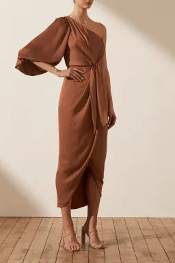 Shona Joy Luxe Tie Front One Shoulder Midi Dress in Mocha Size XS / AU 6 for rent on The Volte - image 1