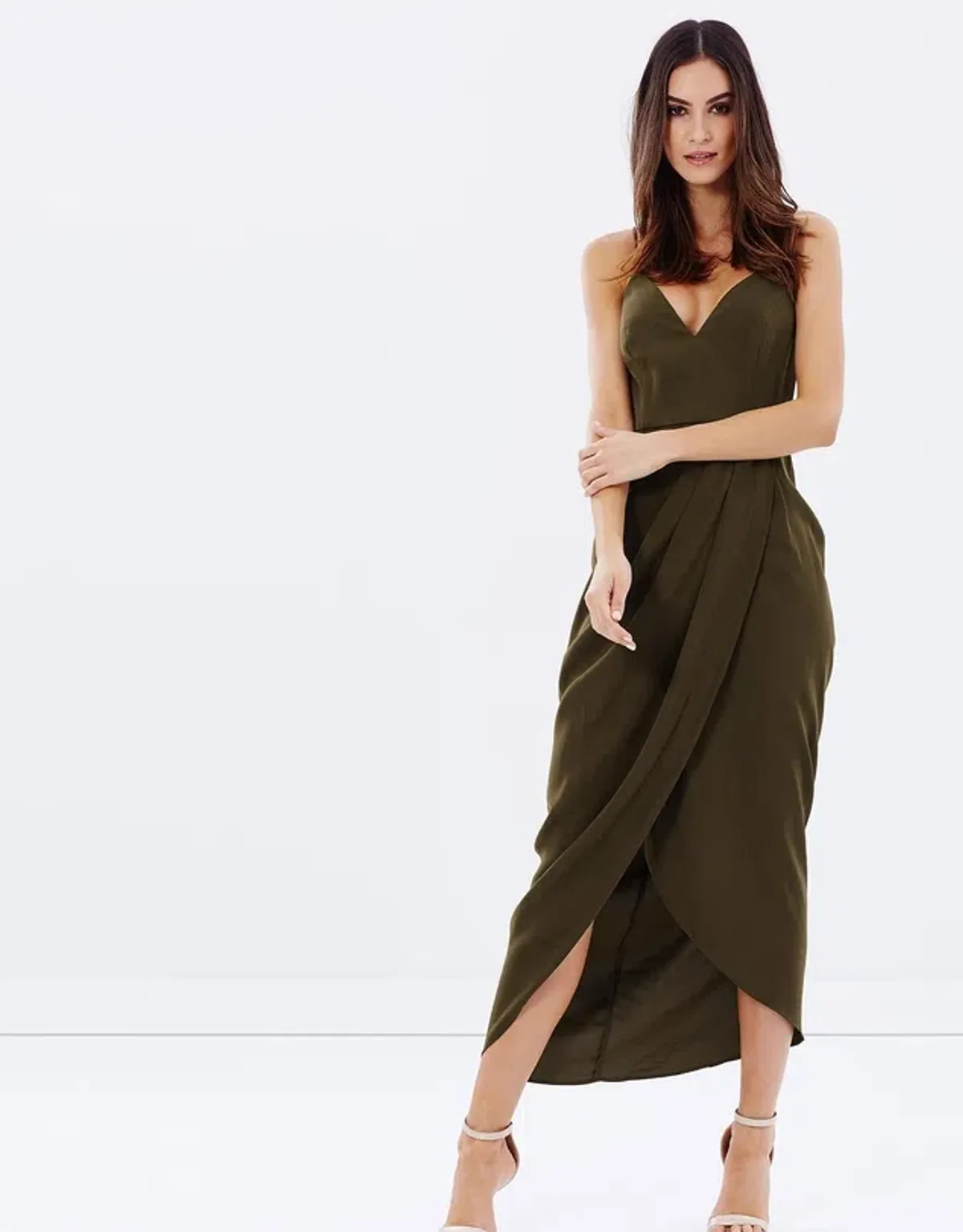 Shona Joy Core Cocktail Draped Maxi Dress Khaki Size 14 - Image 1