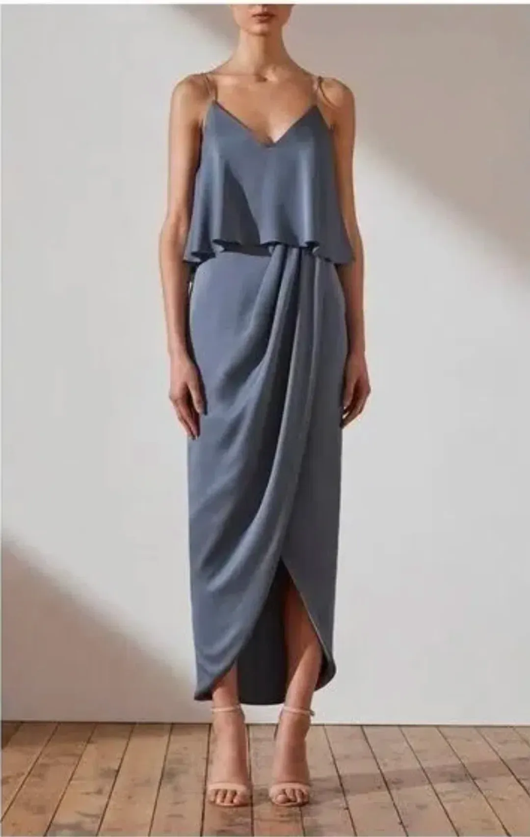 Shona Joy Luxe Draped Cocktail Frill Dress Charcoal Size 16 for rent on The Volte - main image