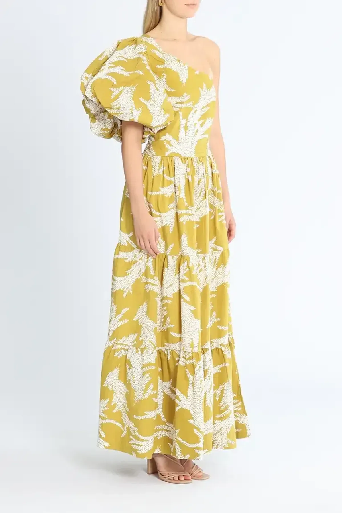 SWF Puff Sleeve Maxi Dress Khaki Print Size 12 - Image 2