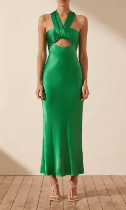 Shona Joy Lana Ruched Halter Midi Dress in Tree Green Size 10 for rent on The Volte - image 1