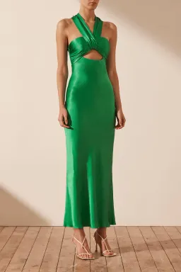 Shona Joy Lana Ruched Halter Midi Dress in Tree Green Size 10 for rent on The Volte - image 3