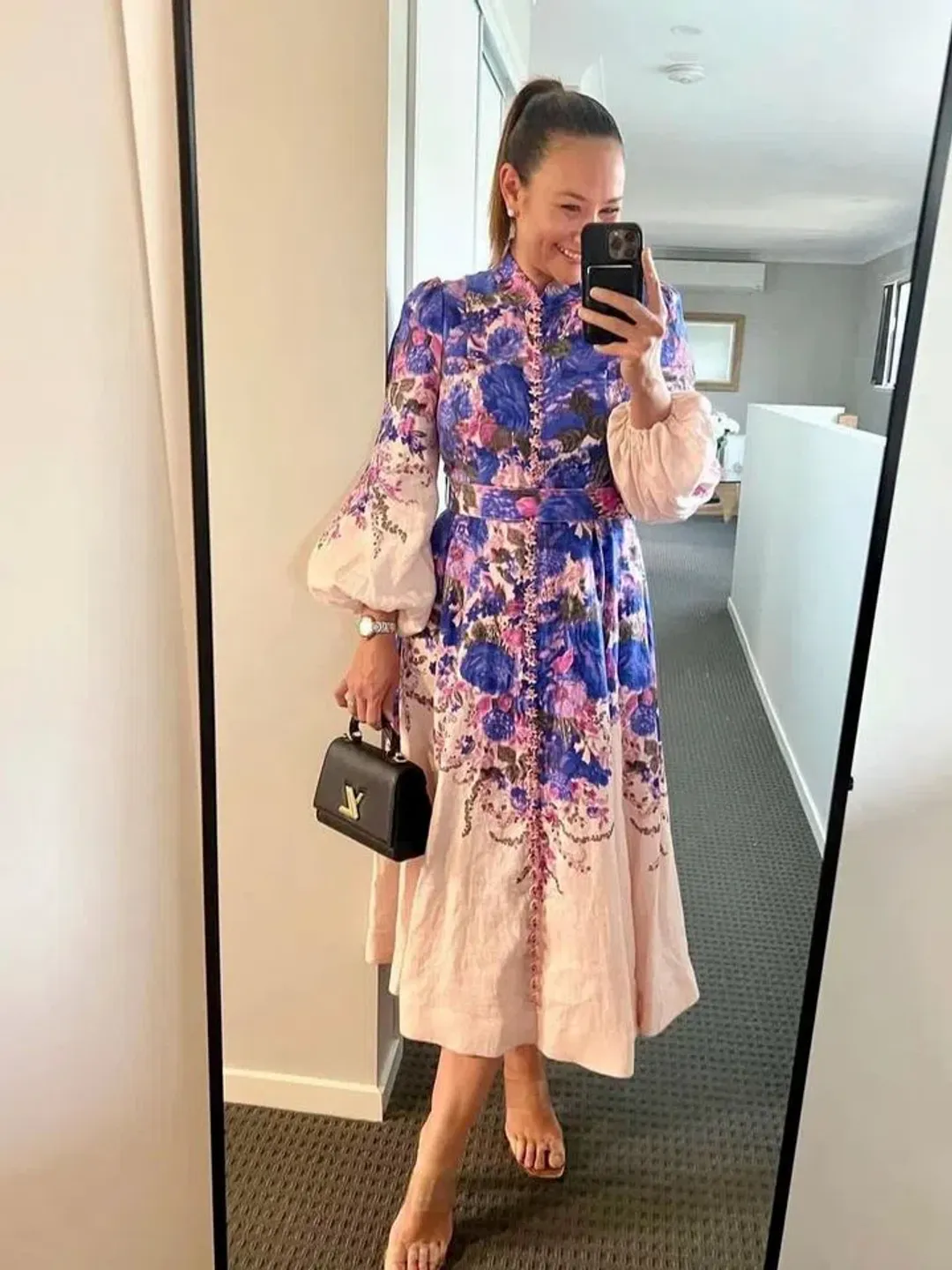 Zimmermann High Tide Buttoned Midi Dress Purple Ikat Floral Size 8 for rent on The Volte - main image