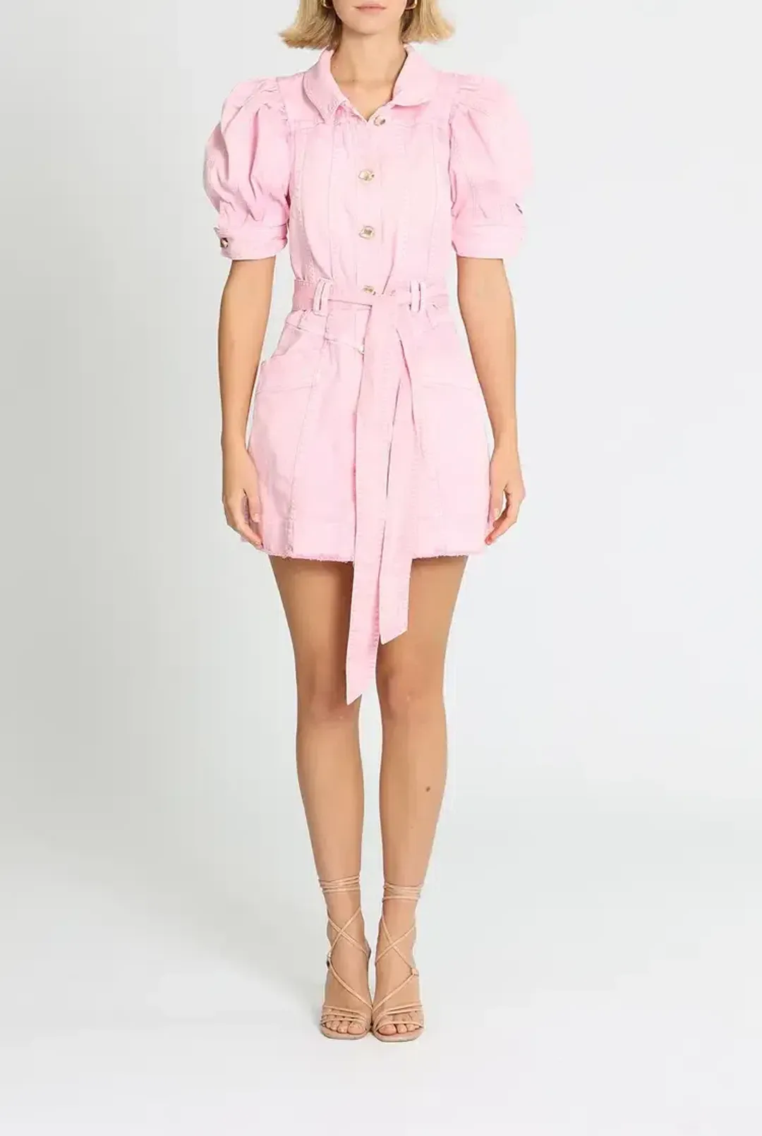 Aje Flora Denim Puff Sleeve Mini Dress Pink Size 10 for rent on The Volte - main image