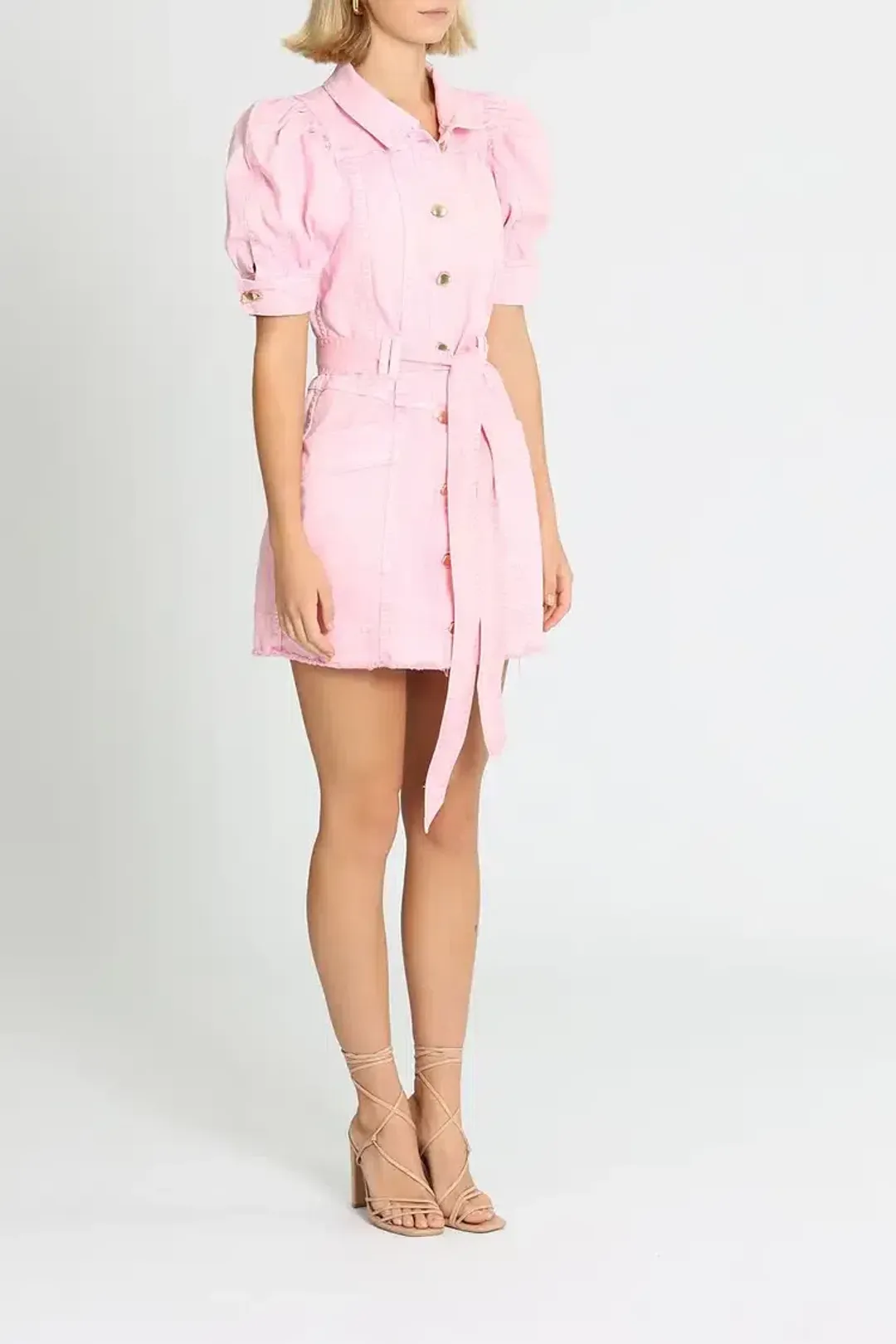 Aje Flora Denim Puff Sleeve Mini Dress Pink Size 10 for rent on The Volte - main image