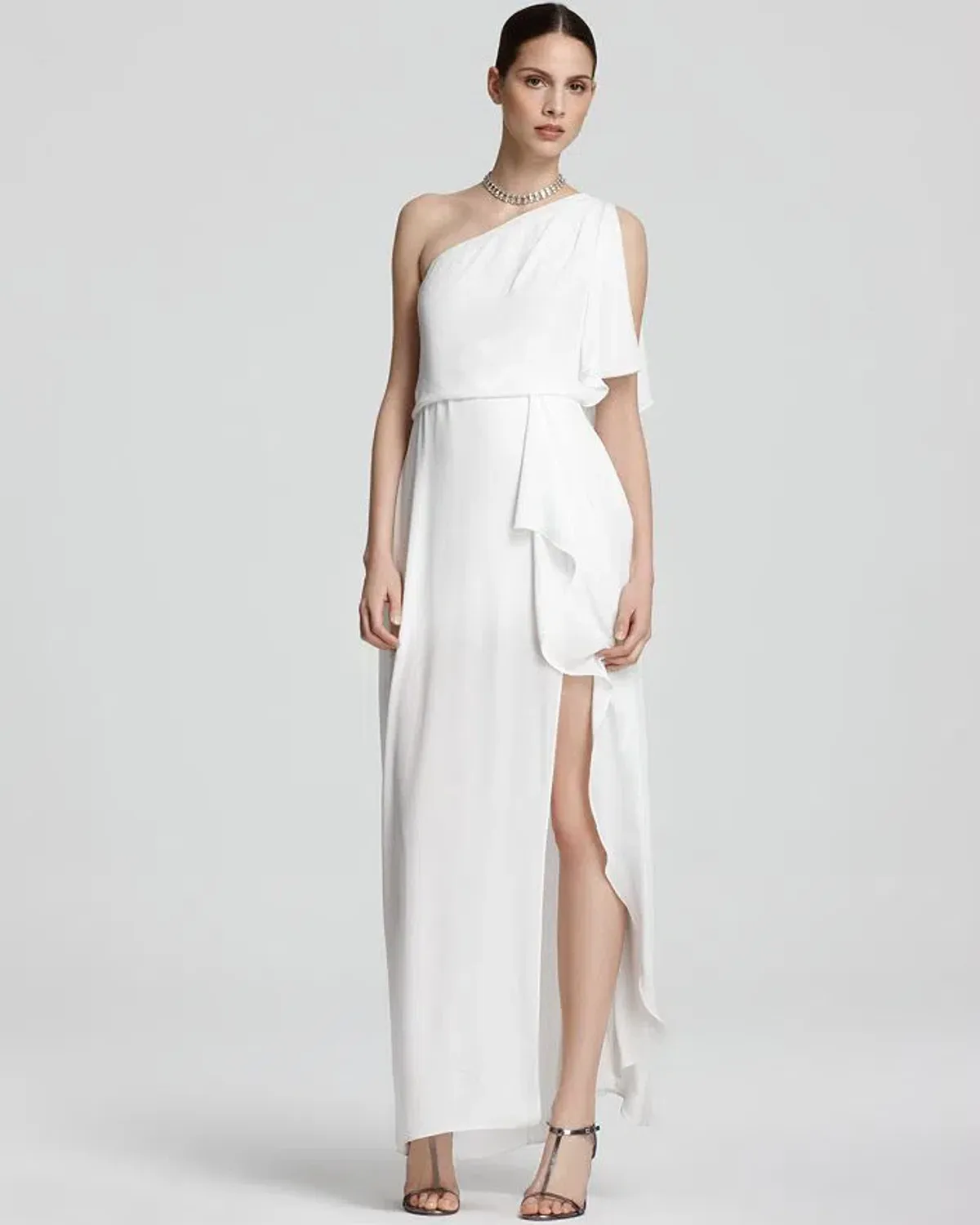 BCBGMAXAZRIA Kendal Ruffle One Shoulder Gown White Size 16 for rent on The Volte - main image