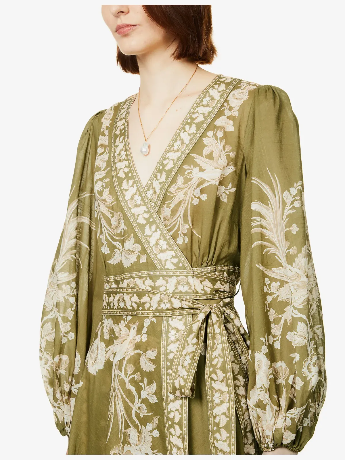 Zimmermann Anneke Floral Print Cotton Voile Wrap Midi Dress in Army Green Size 0/AU 8 - Image 3
