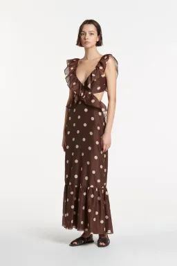 Sir the Label Vivi Frill Maxi Dress in Marlon Polka Dot Brown Size AU 8 for rent on The Volte - image 1