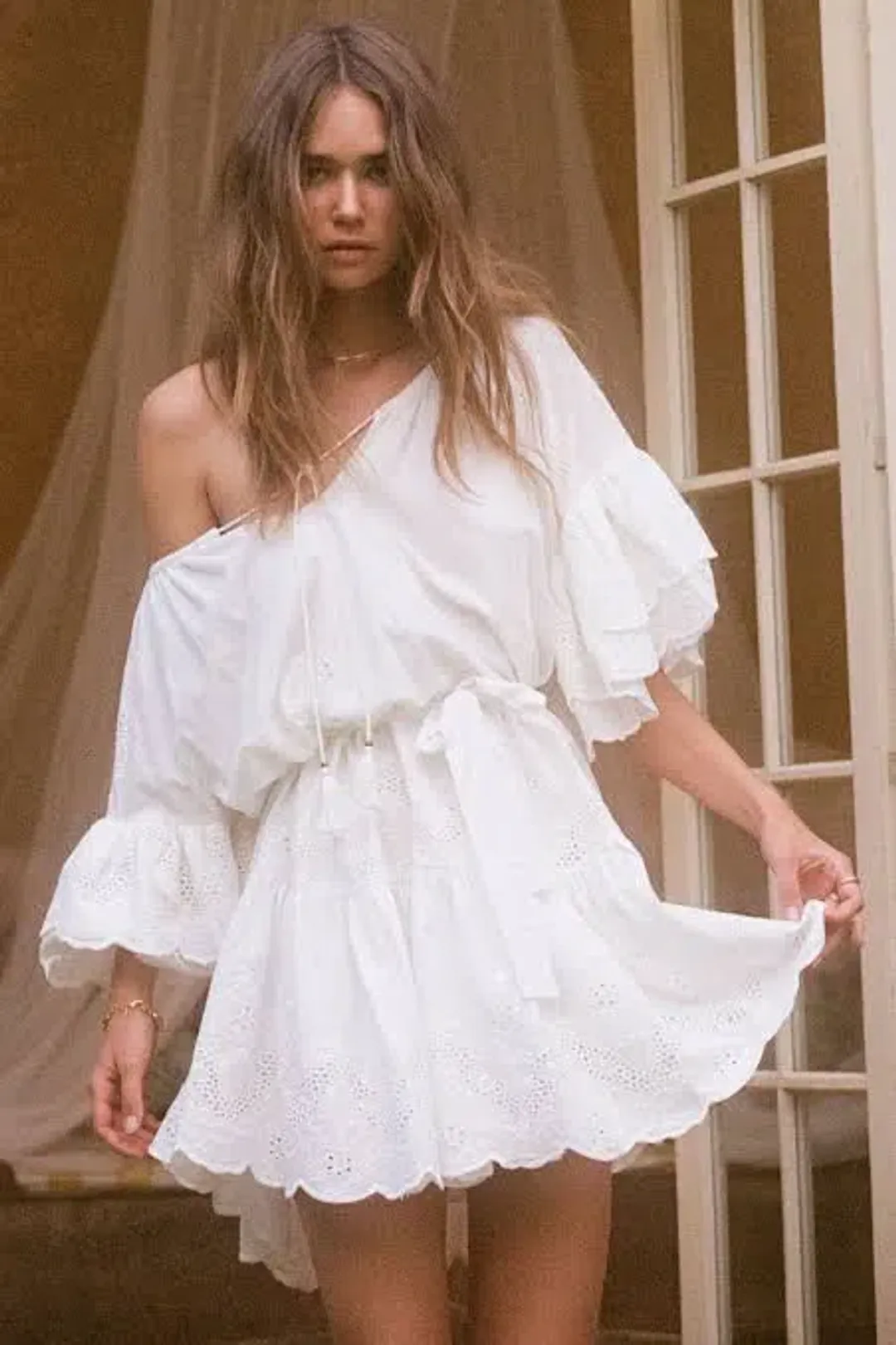Spell Capulet Broderie Anglaise Frill Smock Mini Dress White Size L / AU 12 for rent on The Volte - main image